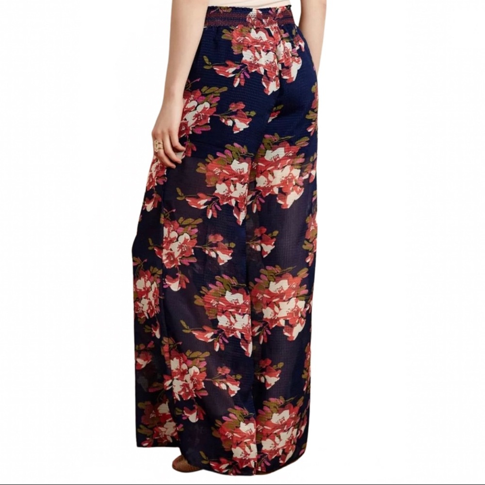 Anthro Elevenses Fire Lily Wide Legs Pants Sheer in blue with red florals size S - Picture 2 of 13